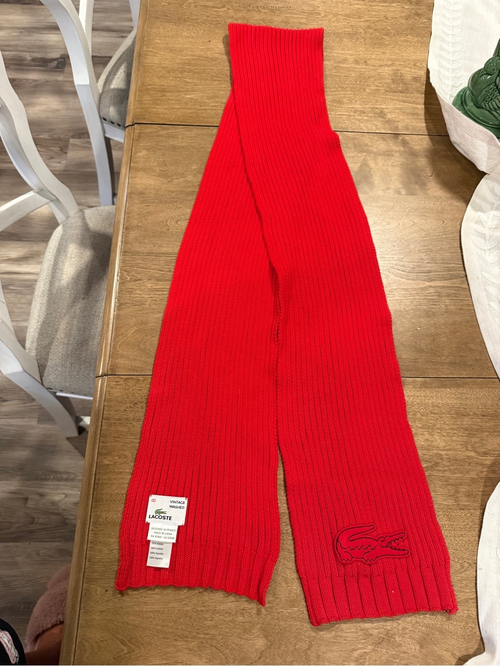 Lacoste Red Ribbed Knit Scarf with Crocodile Logo